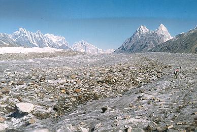 Superb view up the Biafo. The peak on the right is Uzum Brakk, first climbed by Mick Fowler and Victor Saunders, and described by Saunders in his book Elusive Summits.