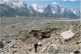 Trudging across the morraine towards Baintha campsite